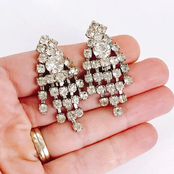 VTG 1950s Mid Century Rhinestone Clip On Earrings Articulated Dangle Cocktail - Picture 2 of 12